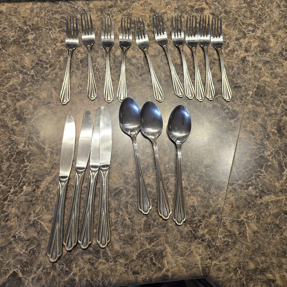 Hampton Silversmiths HSV209 Gold Accent‎ Stainless Flatware 17 Pieces